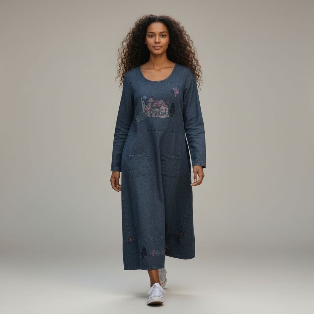 Vintage Lucky & Izzy M/L Linen Long Sleeve Dress Hand Painted Wearable Art Boho - Picture 1 of 13